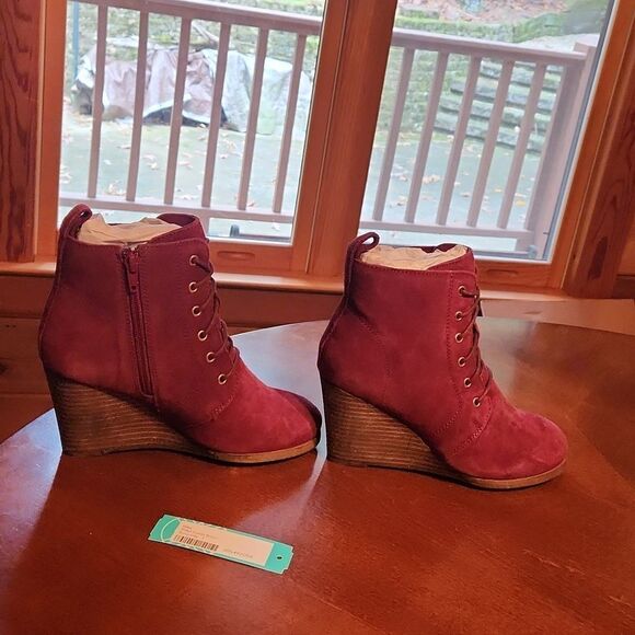 Diba Blake Leather Suede Ankle Lace Up & Zip Up Wedge Heeled Boots, Burgundy - Picture 4 of 10